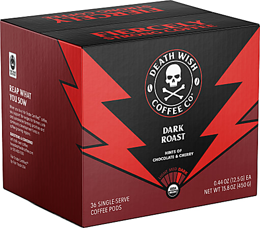 Death Wish Coffee Co Death Cups, Dark Roast, 0.44 Oz, Case Of 36 Cups