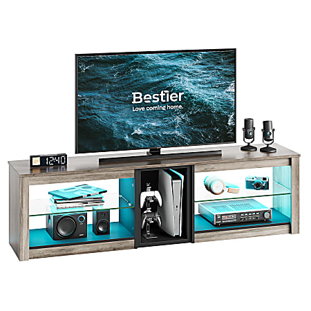 Bestier 63" Gaming TV Stand For 70" TV With Glass Shelves, 20-9/16”H x 63”W x 13-13/16”D, Gray Wash