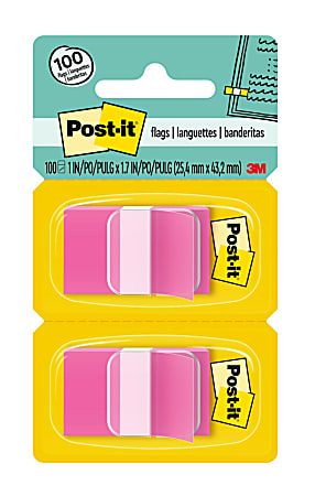 Post-it® Flags, 1" x 1 -11/16", Bright Pink, 50 Flags Per Pad, Pack Of 2 Pads