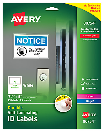 Avery® Easy Align® Self-Laminating ID Labels, AVE00754, 5" x 7 1/2", White, Pack of 25