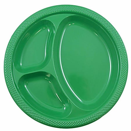 JAM PAPER Plastic 3 Compartment Divided Plates, Large, 10 1/4 inch, Green, 20/Pack 
