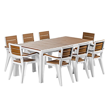 Inval Madeira 9-Piece Indoor And Outdoor 8-Seat Rectangular Table And 8 Arm Chair Set, 29”H x 35”W x 70”D, White/Teak Brown