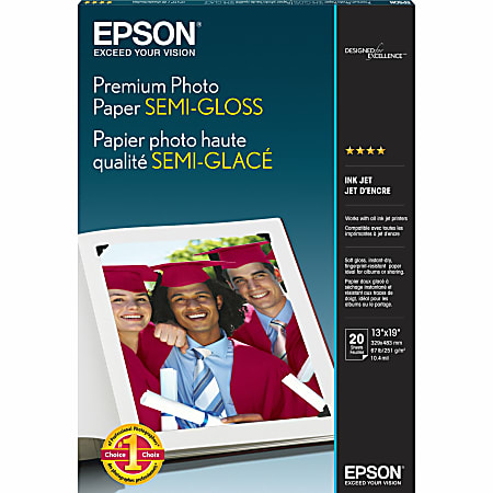 Epson® Premium Photo Paper, Super B, 13" x 19", 68 Lb, Semi-gloss, White/Blue