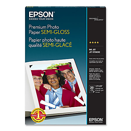 Epson® Premium Photo Paper, Super B, 13" x 19", 68 Lb, Semi-gloss, White/Blue