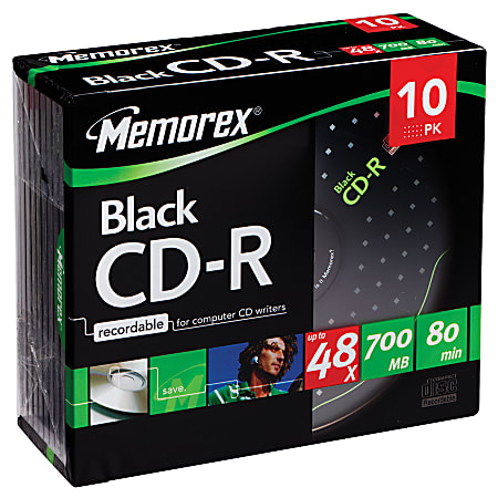 Memorex® Black CD-R Media With Slim Jewel Cases, 700MB/80 Minutes, Pack Of 10