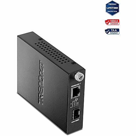 TRENDnet 100/1000Base-T To SFP Fiber Media Converter, Fiber To Ethernet Converter, 1 x 10/100/1000Base-T RJ-45 Port,1 x Mini-GBIC Slot, Lifetime Protection, Black, TFC-1000MGA - Intelligent 100/1000Mbase-T to SFP Media Converter