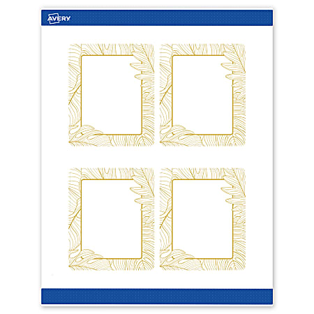 Avery® Printable Labels With Sure Feed® Technology, S00-EVW, Rectangle, 4" x 3-1/3", Matte White With Preprinted Gold Leaf Pattern, Pack Of 40