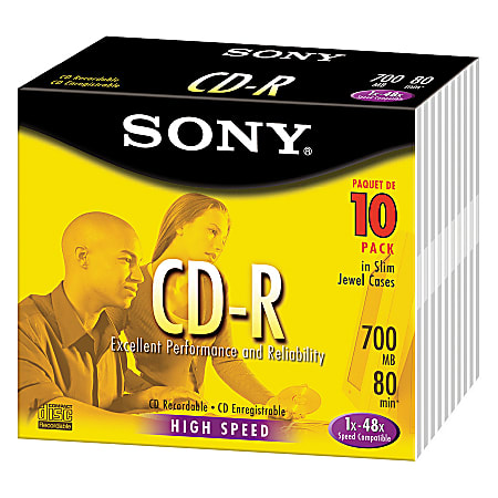 Sony® CD-R Media With Jewel Cases, 700MB/80 Minutes, Pack Of 10