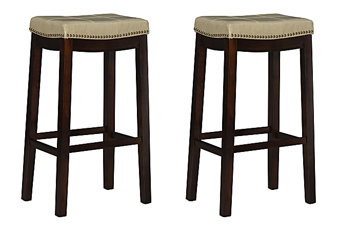 Linon Walker Faux Leather Bar Stools, Beige/Dark Brown, Set Of 2 Stools