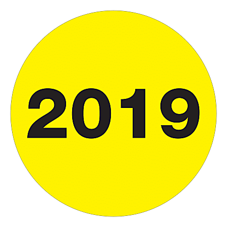 Office Depot® Brand 2019 Year Labels, Circle, DL6817, 2", Fluorescent Yellow, Roll Of 500 Labels