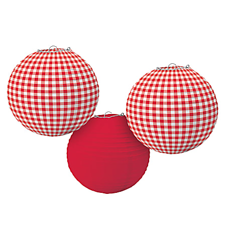 Amscan Summer Picnic Gingham Paper Lanterns, 9-1/2", Red, 3 Lanterns Per Pack, Set Of 2 Packs