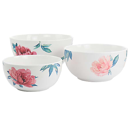 Martha Stewart Fine Ceramic Floral 3-Piece Bowl Set, White