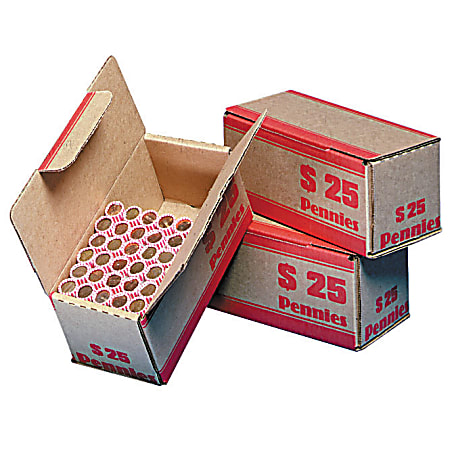 MMF Industries Pack 'n Ship Coin Transport Boxes, Pennies, $25.00, Carton Of 50