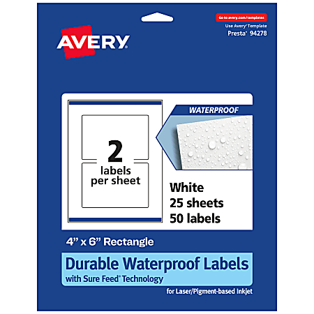 Avery® Waterproof Permanent Labels With Sure Feed®, 94278-WMF25, Rectangle, 4" x 6", White, Pack Of 50