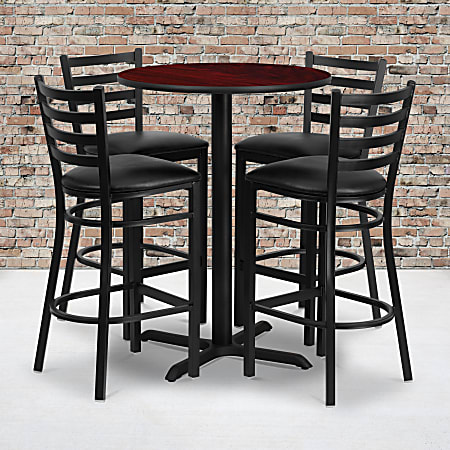 Flash Furniture Round Bar-Height Table Set With 4 Metal Bar Stools, Mahogany/Black