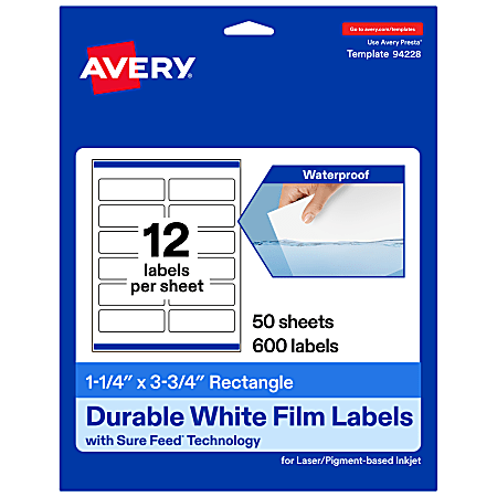 Avery® Waterproof Permanent Labels With Sure Feed®, 94228-WMF50, Rectangle, 1-1/4" x 3-3/4", White, Pack Of 600