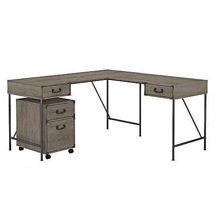 kathy ireland® Home by Bush Furniture Ironworks 60"W L-Shaped Writing Desk With 2-Drawer Mobile File Cabinet, Restored Gray, Standard Delivery