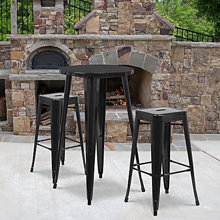 Flash Furniture Commercial-Grade Round Metal Indoor/Outdoor Bar Table Set With 2 Square-Seat Backless Stools, 41"H x 24"W x 24"D, Black