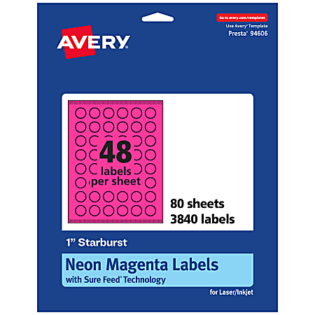 Avery® Print-To-The-Edge Labels With Sure Feed® Technology, 94606-NMP80, Starburst, 1", Matte Neon Magenta, Pack of 3840
