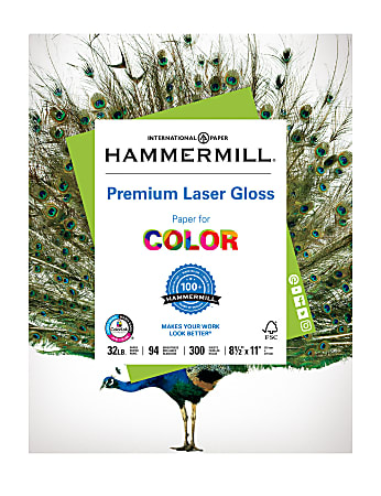 Hammermill® Premium Laser Paper, Gloss, For Color Printing, White, Letter Size (8 1/2" x 11"), Ream Of 300 Sheets, 32 Lb, 94 Brightness