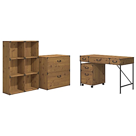 kathy ireland® Home by Bush Furniture Ironworks 48"W Writing Desk, 2 Drawer Mobile Pedestal, 6 Cube Bookcase, And Lateral File Cabinet, Vintage Golden Pine, Standard Delivery