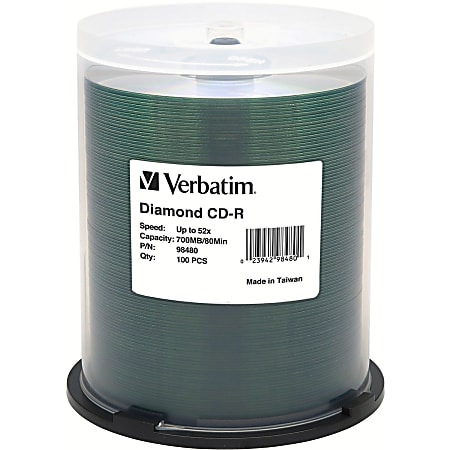 Verbatim CD-R 700MB 52X Diamond Silk Screen Printable, Hub Printable - 100pk Tape Wrap - 120mm - Printable - 1.33 Hour Maximum Recording Time
