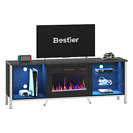 Bestier 71" Electric Fireplace TV Stand For 75" TVs With Adjustable Glass Shelves, 25-1/2”H x 71”W x 15-11/16”D, Black Carbon Fiber