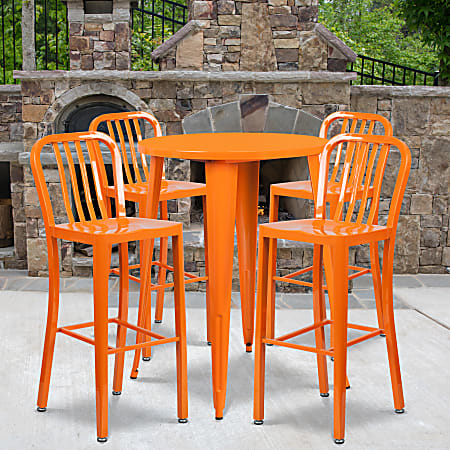 Flash Furniture Commercial-Grade Round Metal Indoor-Outdoor Bar Table Set With 4 Vertical Slat-Back Stools, 41"H x 30"W x 30"D, Orange