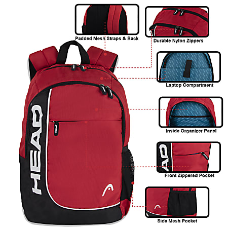 HEAD Overhead Backpack With 15 Laptop Pocket Red - Office Depot