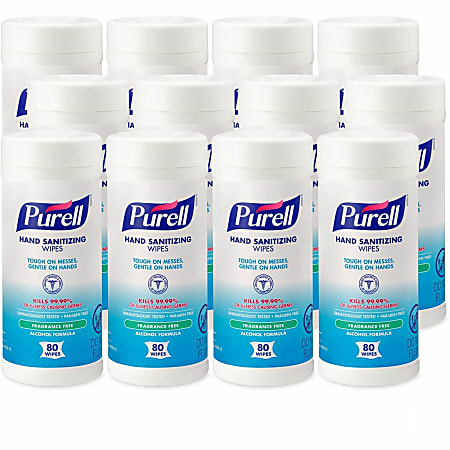 PURELL® Alcohol Formula Hand Sanitizing Wipes - White - Pre-moistened, Durable, Lint-free, Textured, Fragrance-free, Dye-free, Non-sticky, Residue-free - For Hand - 80 Per Canister - 12 / Carton
