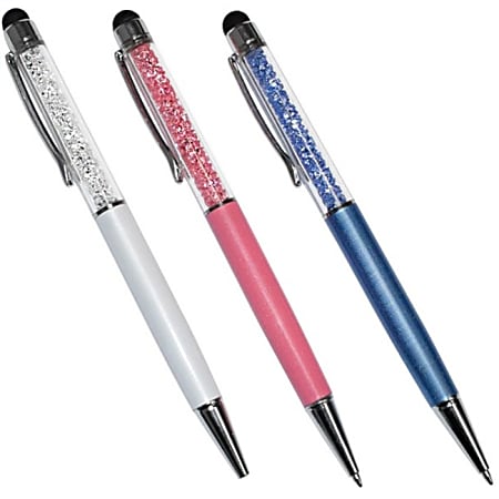 Premiertek 2-in1 Crystal Touch Screen Stylus with Pens - 3 Pack - Aluminum, Rubber - Blue, White, Pink - Smartphone, Tablet Device Supported
