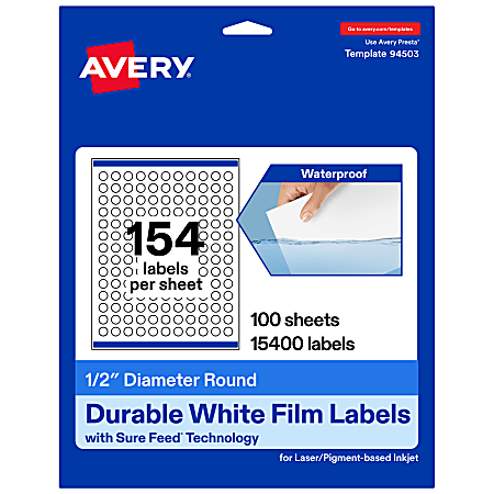 Avery® Waterproof Permanent Labels With Sure Feed®, 94503-WMF100, Round, 1/2" Diameter, White, Pack Of 15,400