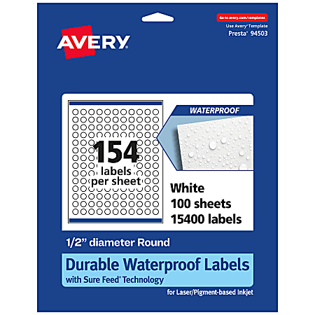 Avery® Waterproof Permanent Labels With Sure Feed®, 94503-WMF100, Round, 1/2" Diameter, White, Pack Of 15,400