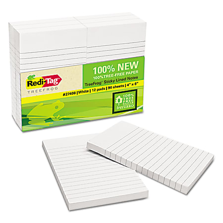 Redi-Tag® Sugar Cane Self-Stick Lined Notes, 4” x 6”, White, 90 Sheets Per Pad, Pack Of 12 Pads