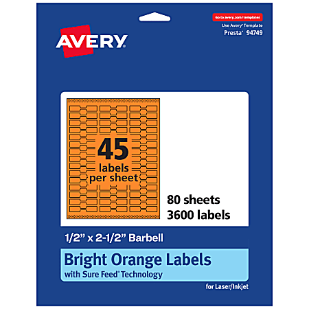 Avery® Printable Labels With Sure Feed® Technology, 94749-BOP80, Barbell, 1/2" x 2-1/2", Matte Bright Orange, Pack of 3600