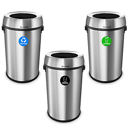 Alpine Industries Stainless Steel Open Top Recycling, Trash And Compost Station, 17 Gallons, Silver