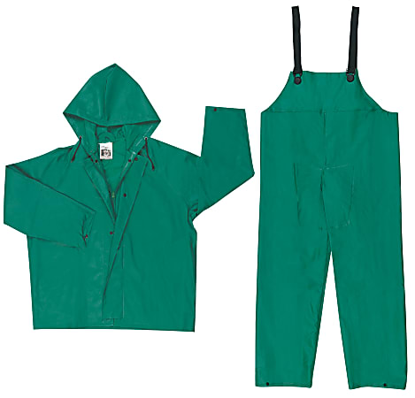 MCR Safety Two Piece Rain Suit, Jacket w/Hood, Bib Pants, 0.42 mm PVC/Poly, Green, X Large