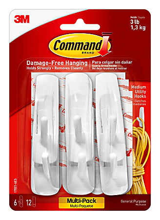 Command Medium Utility Plastic Hooks 6 Command Hooks 12 Command Strips  Damage Free White - Office Depot