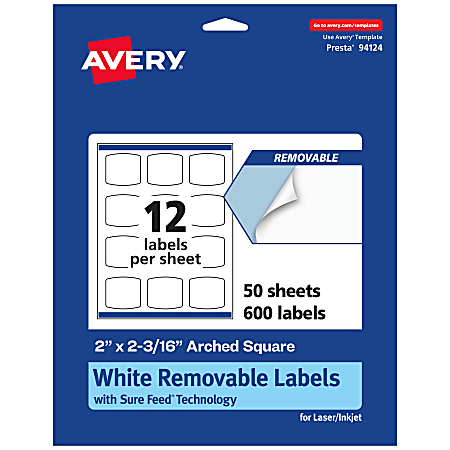 Avery® Removable Labels With Sure Feed®, 94124-RMP50, Arched Square, 2" x 2-3/16", White, Pack Of 600 Labels