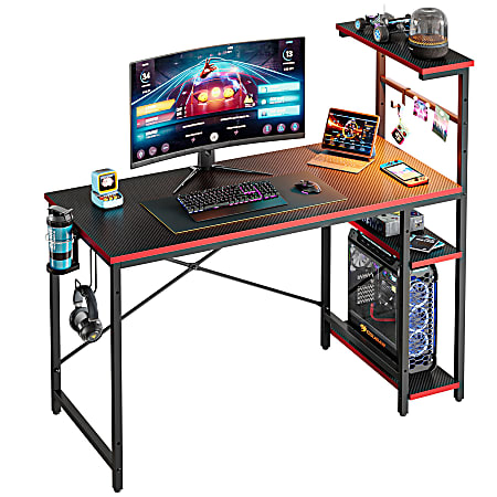 Bestier Gaming Computer Desk With RGB LED Lights And 4-Tier Storage Shelves, 44"W, Black Carbon Fiber
