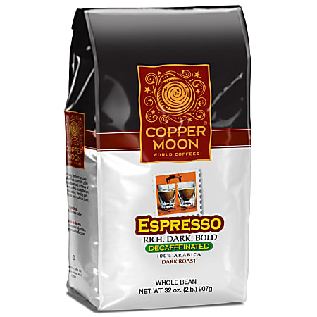 Copper Moon® World Coffees Whole Bean Coffee, Espresso Decaf, 2 Lb Per Bag, Carton Of 4 Bags