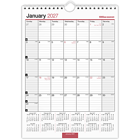 Office Depot Brand Monthly Wall Calendar, 8" x 11", White, January 2027 to December 2027, OD30132827
