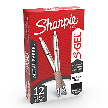 Sharpie® S-Gel Pens, Medium Point, 0.7 mm, Metal Champagne Barrel, Black Ink, Pack Of 12 Pens