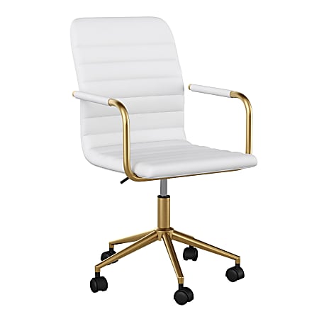Martha Stewart Taytum Faux Leather Upholstered Mid-Back Executive Office Chair, White/Polished Brass