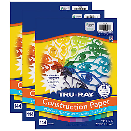 Tru-Ray Construction Paper, Heavyweight, 9" x 12", Color Wheel Assortment, 12 Vibrant Colors, 144 Sheets Per Pack, Set Of 3 Packs
