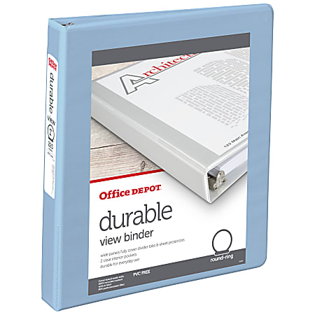 Office Depot® Brand 3-Ring Durable View Binder, 1" Round Rings, Baby Blue