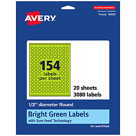 Avery® Print-To-The-Edge Labels With Sure Feed® Technology And Easy Peel® Label Feature, 94503-BGP20, Round, 1/2", Matte Bright Green, Pack of 3080