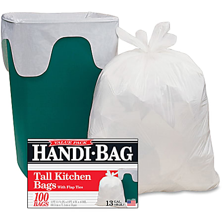 Berry Handi Bag Flap Tie Tall Kitchen Bags Small Size 13 gal Capacity 23.75  Width x 28 Length 0.60 mil 15 Micron Thickness White Hexene Resin 100Box  Home Office - Office Depot
