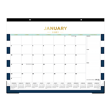2027 Blue Sky Day Designer Rugby Stripe Navy Monthly Desk Pad Calendar, 22x17, Perforated Pages, Trim Tape Binding, Jan-Dec 2027, Qty 1
