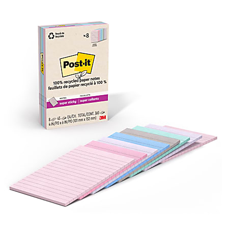 Post-it® Paper Super Sticky Notes, 360 Total Notes, Pack Of 8 Pads, 4" x 6", 100% Recycled, Wanderlust Pastels, 45 Sheets Per Pad